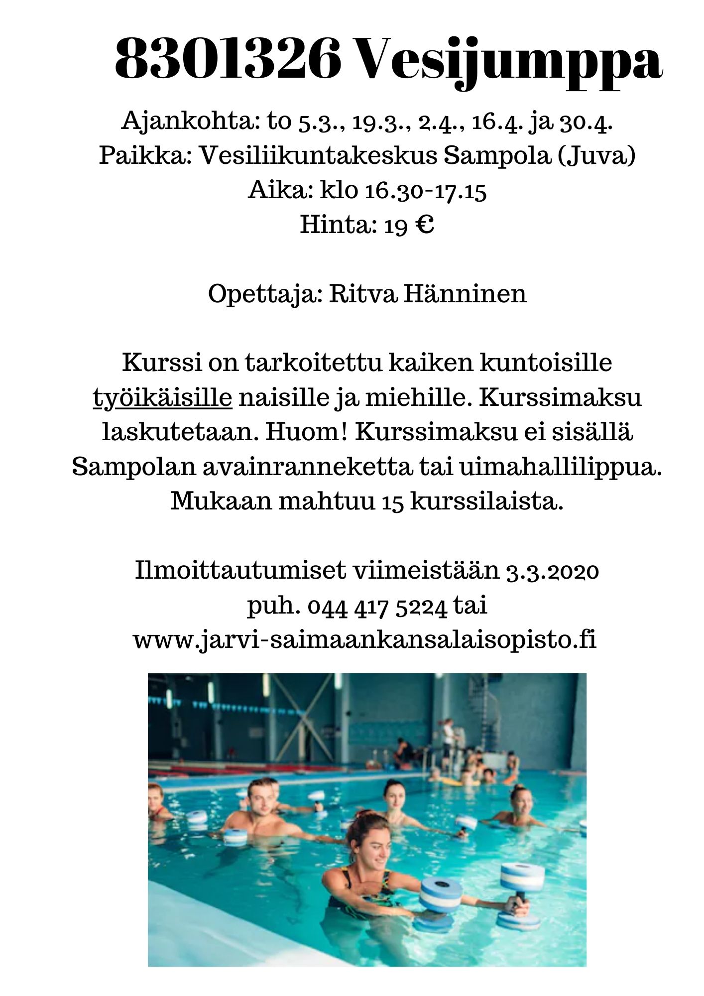 Järvi-Saimaan kansalaisopiston vesijumppa työikäisille alkaa 5.3.